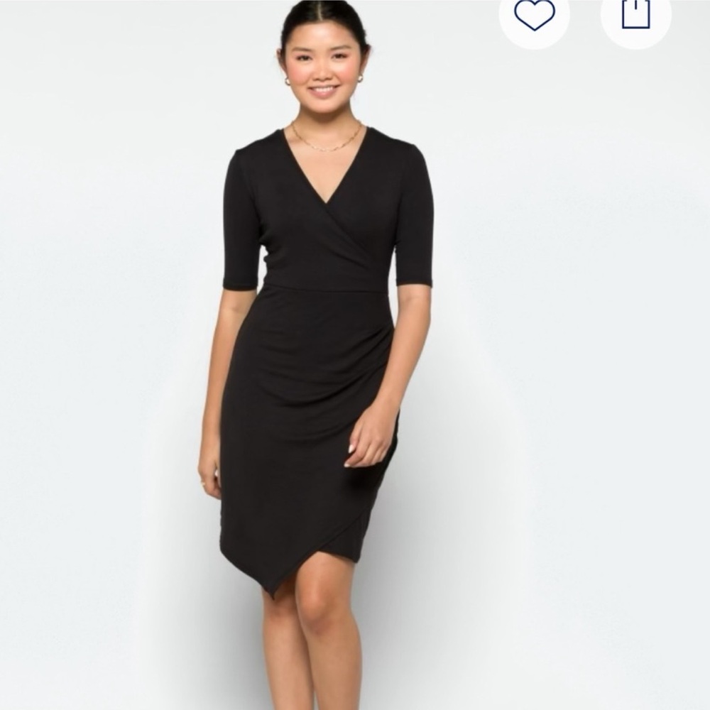 41 Hawthorn Black Ribbed Faux Wrap Dress with Ruching and Asymmetrical Hem